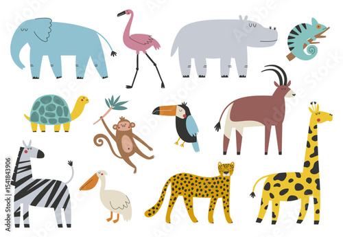 African animals and birds vector illustration set. Wild fauna of Africa.