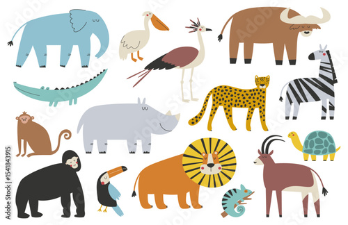 Hand-Drawn African Animals and Birds – Cute Vector Set for Kids