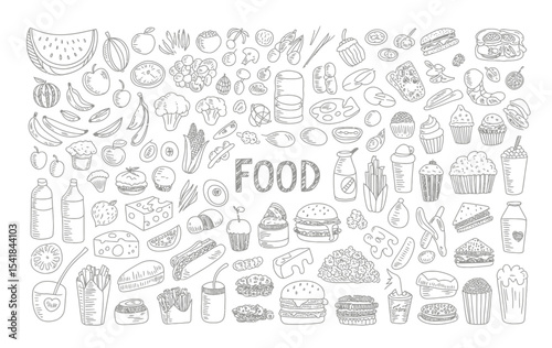 hand-drawn doodle illustration of assorted food items including fruits, fast food, desserts, snacks, drinks, and meals on white