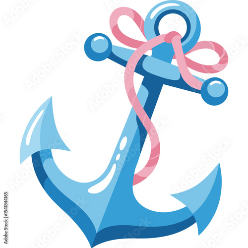 Blue nautical anchor with rope, a marine symbol and icon for sailing or yacht design