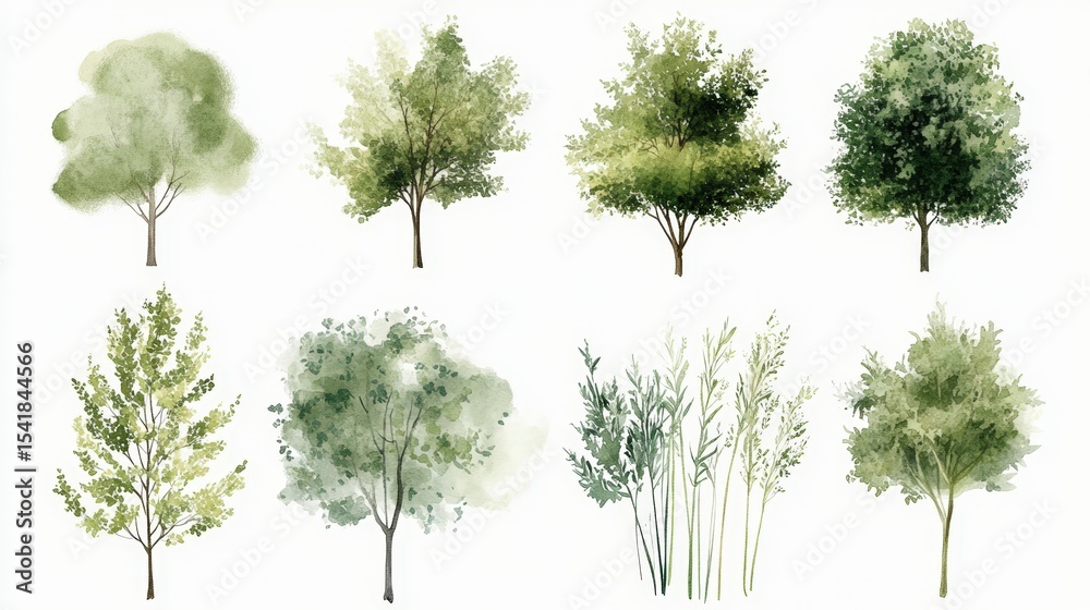 Fototapeta premium Watercolor illustrations of various green trees and plants, showcasing different shapes, textures, and shades of foliage on a white background.