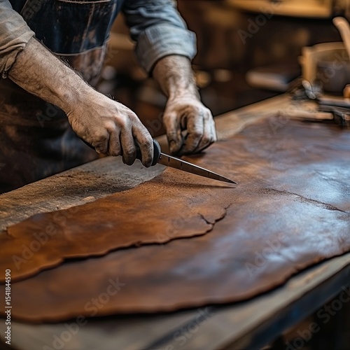 Leather craftsman cutting a large piece of leather with scissors on a workbench. Handicraft business concept.