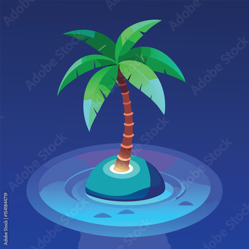 Tropical island with palm tree surrounded by ocean water at night in flat design