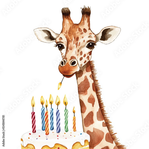 A Giraffe Celebrating a Birthday with a Colorful Cake