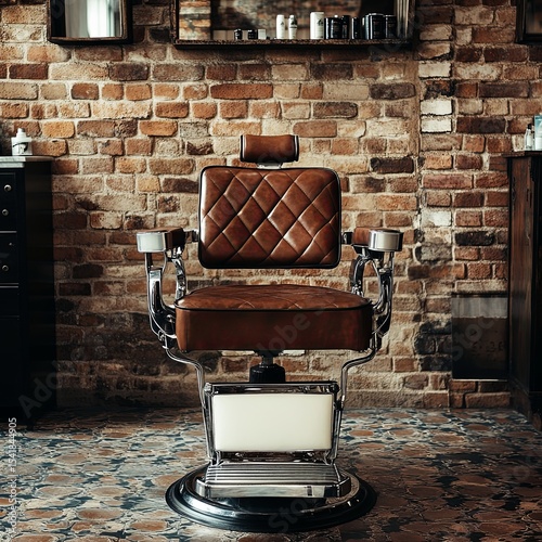 Leather vintage barbershop chair, brick wall. Concept hipster mens hair salon.