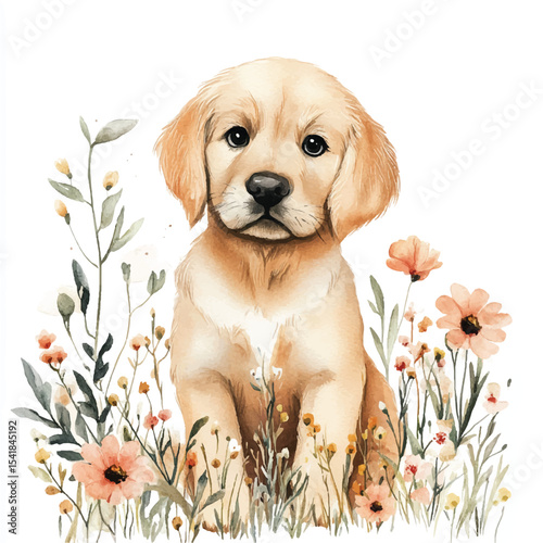 A Golden Retriever Puppy Amidst Delicate Wildflowers