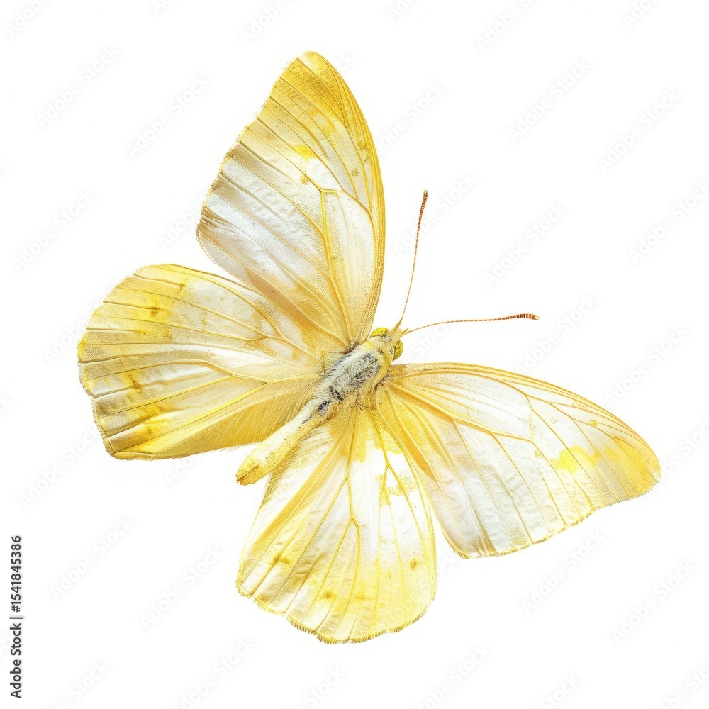 Fototapeta premium An isolated, ultra-detailed realistic photograph of pastel yellow butterfly on white background