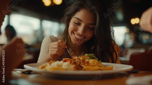 Cinematic wide still of a 25 year old woman eating at a puerto rican diner restaurant having a taste of her beautiful food on his plate, symmetrical composition 
