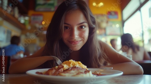 Cinematic wide still of a 25 year old woman eating at a puerto rican diner restaurant having a taste of her beautiful food on his plate, symmetrical composition 
