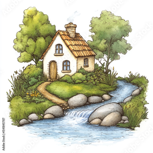 A Quaint Watercolor Cottage by a Gentle Stream