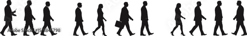 Silhouettes of business people walking, side view, men and women, teamwork, office staff, professional group, vector illustration, motion