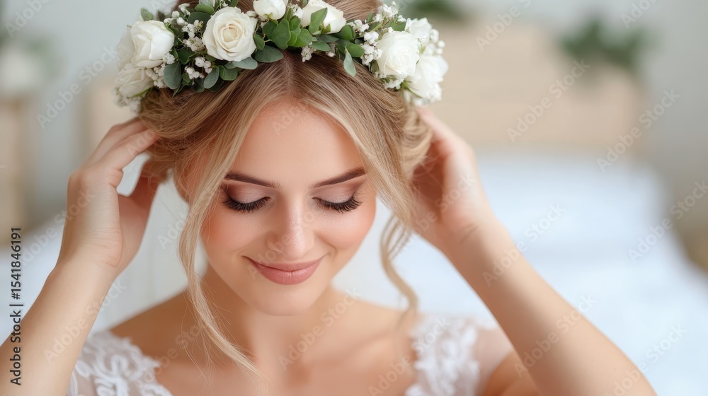 Naklejka premium A beautiful bride adjusts her floral crown, showcasing elegance and grace, set against a soft backdrop that enhances her dreamy emotion on her special day.