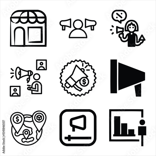 Marketing Promotion And Business Strategy Black And White Icon Set Presentation Vector