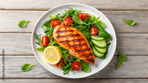 Grilled Chicken Salad with Fresh Greens and Vegetables a Healthy and Delicious Meal on a White Plate