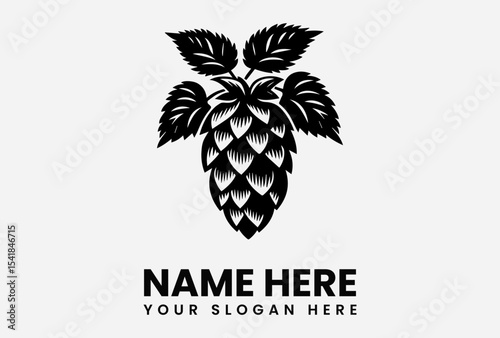 A stylized black and white illustration of a hop cone with leaves, ideal for branding.