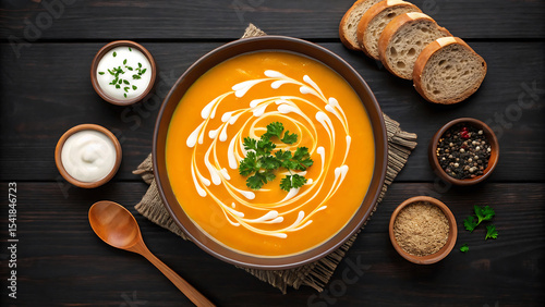 Butternut Squash Soup Delight Warm and Comforting Meal with Creamy Texture and Fresh Garnish on a Wooden Table