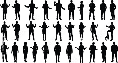Silhouettes of professionals in business attire, standing, talking, gesturing, communication concept, teamwork, leadership, office presentation, vector illustration