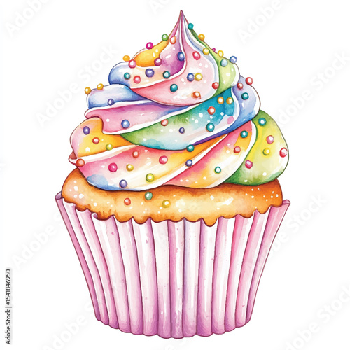 A Vibrant Watercolor Rainbow Cupcake with Colorful Sprinkles