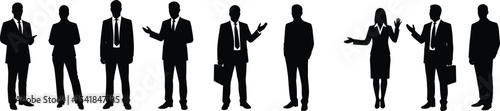 Silhouette of business people, professional standing pose, teamwork concept, corporate attire, communication, male female character, vector illustration