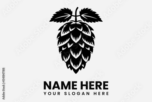 Black and white graphic of a hop cone with leaves, above placeholder text for a name and slogan.