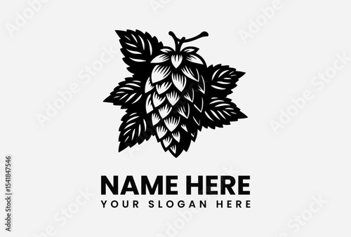 Vintage black and white illustration of a hop cone with leaves, used as a logo design template.