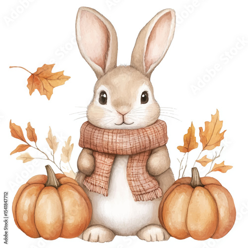 Adorable Autumn Bunny in Scarf with Pumpkins and Leaves
