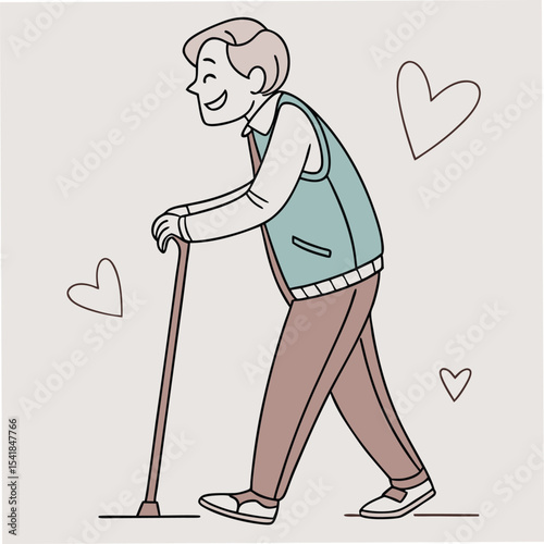 Smiling mature man is walking with his cane surrounded by love symbols outline