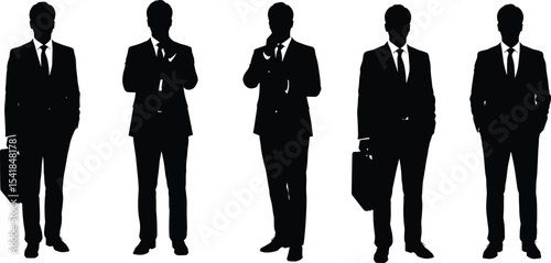 Businessmen silhouettes, standing with briefcase, formal wear, confident pose, corporate attire, isolated vector illustration, leadership concept, professional appearance