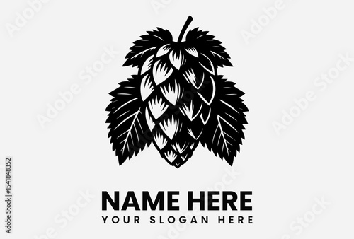 A stylized black and white illustration of a hop cone, with leaves and text.