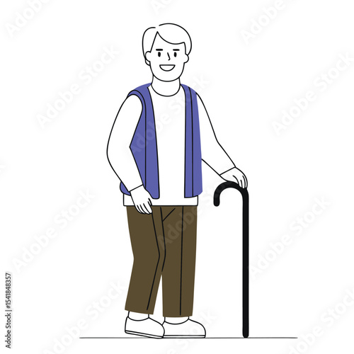 Smiling Caucasian man stands while holding a cane, wearing brown pants and a vest
