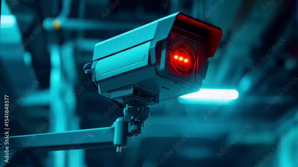 Modern security camera monitoring with blinking red light