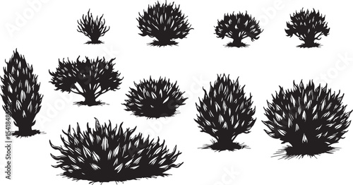A set of shrubs and trees. Hand drawn vector illustration