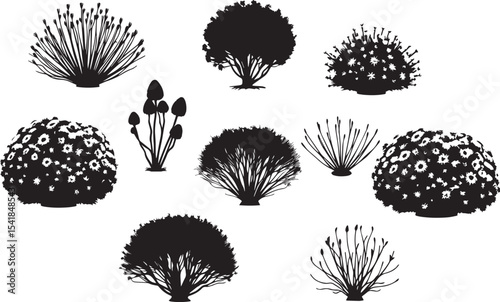 A set of shrubs and trees. Hand drawn vector illustration