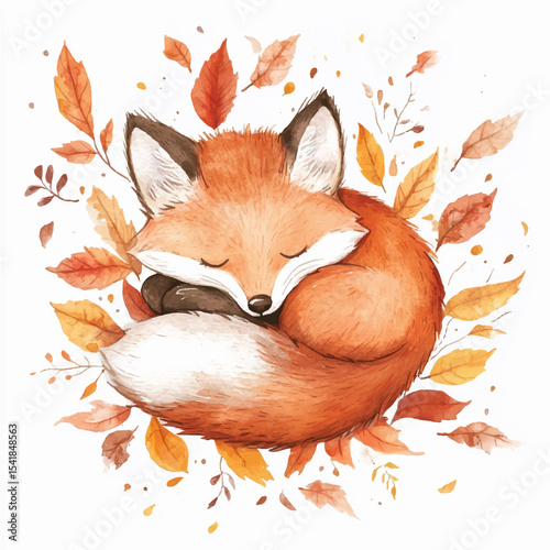 Adorable Autumn Fox Nap Surrounded by Colorful Leaves