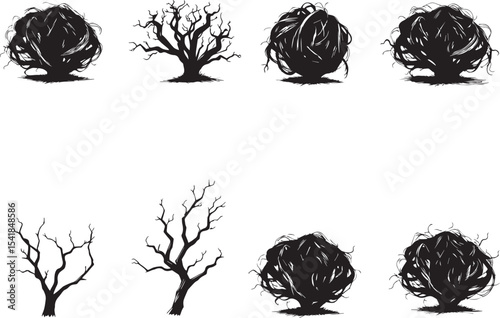 A set of shrubs and trees. Hand drawn vector illustration