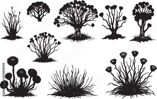 A set of shrubs and trees. Hand drawn vector illustration