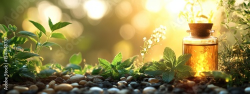 Natural Herbal Essential Oil in Glass Bottle Sunlight Plants