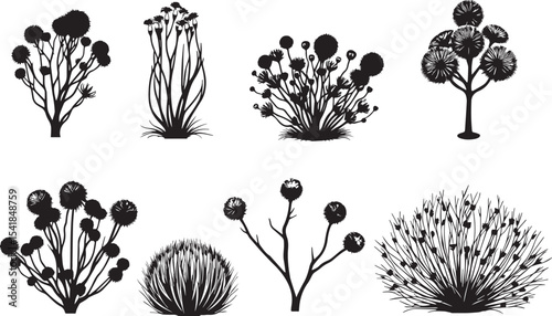 A set of shrubs and trees. Hand drawn vector illustration