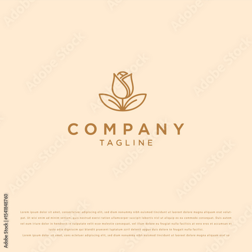 Elegant Minimalist Logo with Abstract Golden-Brown Rose and Slate Blue Sans-Serif Text on Light Beige Background