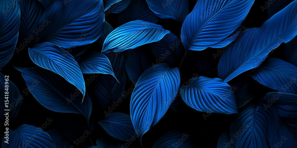 Blue botanical background in wide format. Lush Layers of Blue-Green Foliage in Soft Gradient Tones Blue botanical background in wide format. Lush Layers of Blue-Green Foliage in Soft Gradient Tones