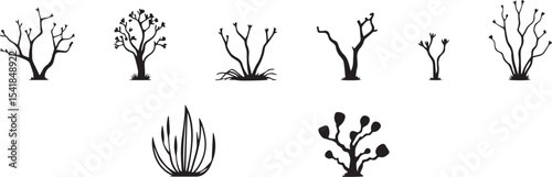 A set of shrubs and trees. Hand drawn vector illustration