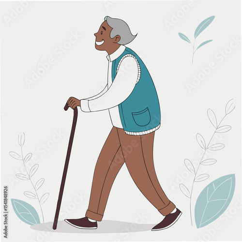 Smiling senior African man walking with a cane surrounded by botanical decorations displays vitality