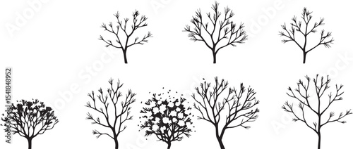 A set of shrubs and trees. Hand drawn vector illustration