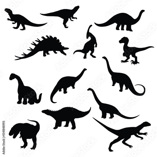 Cute cartoon hand drawn vector Set of different dinosaur silhouette.