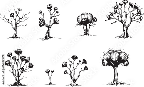 A set of shrubs and trees. Hand drawn vector illustration