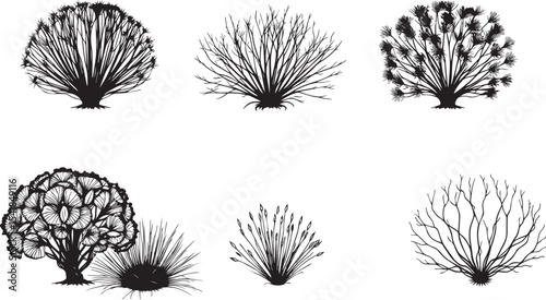 A set of shrubs and trees. Hand drawn vector illustration