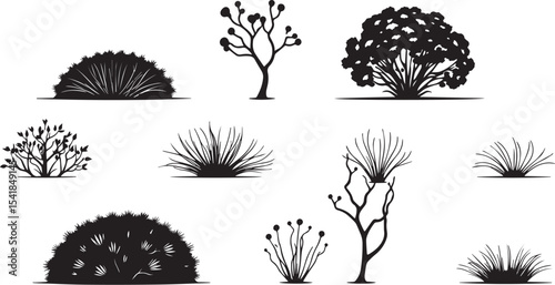 A set of shrubs and trees. Hand drawn vector illustration