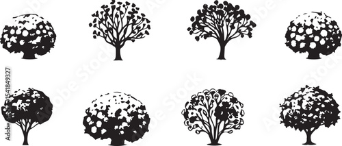 A set of shrubs and trees. Hand drawn vector illustration
