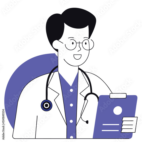 Smiling doctor with glasses is holding a clipboard, wearing a lab coat