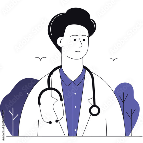 Smiling physician with stethoscope, donning a white coat amid stylized trees, enjoys nature's tranquility